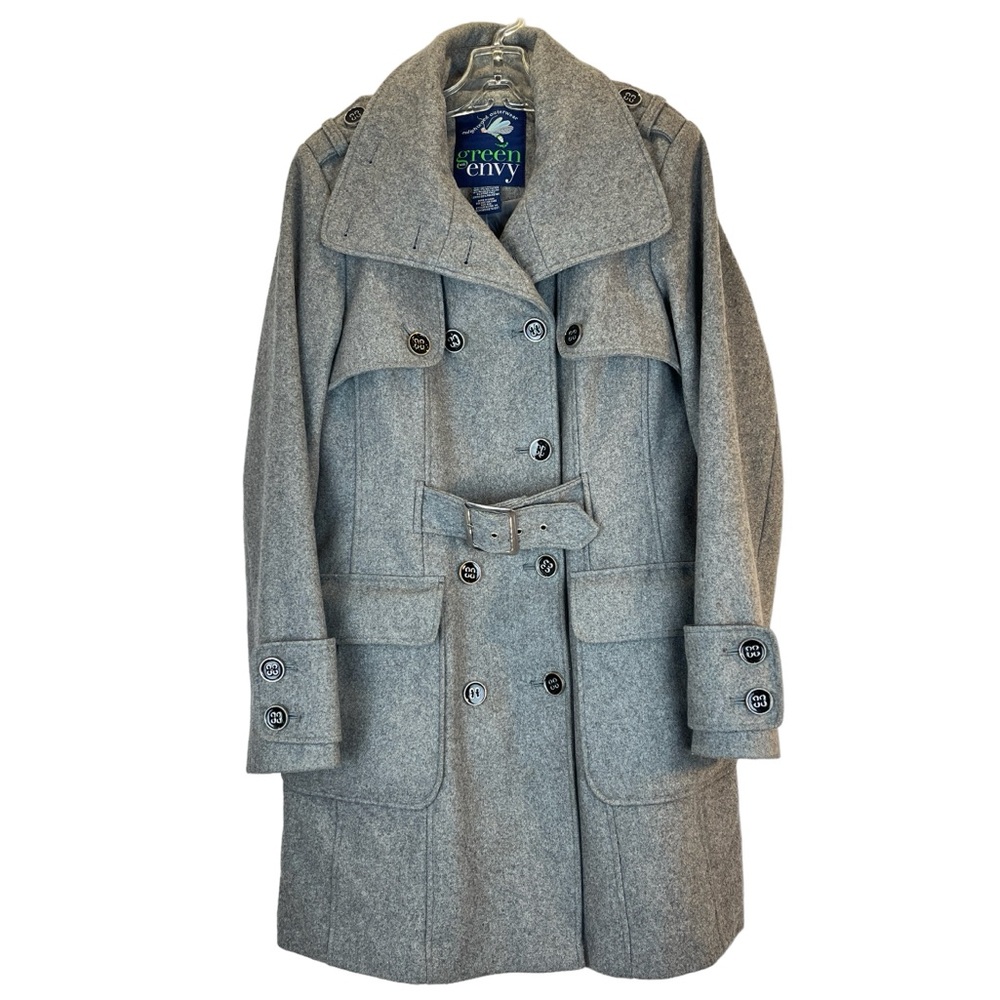 Green with Envy Gray Wool Blend Double Breasted Trench Style Coat Sz M